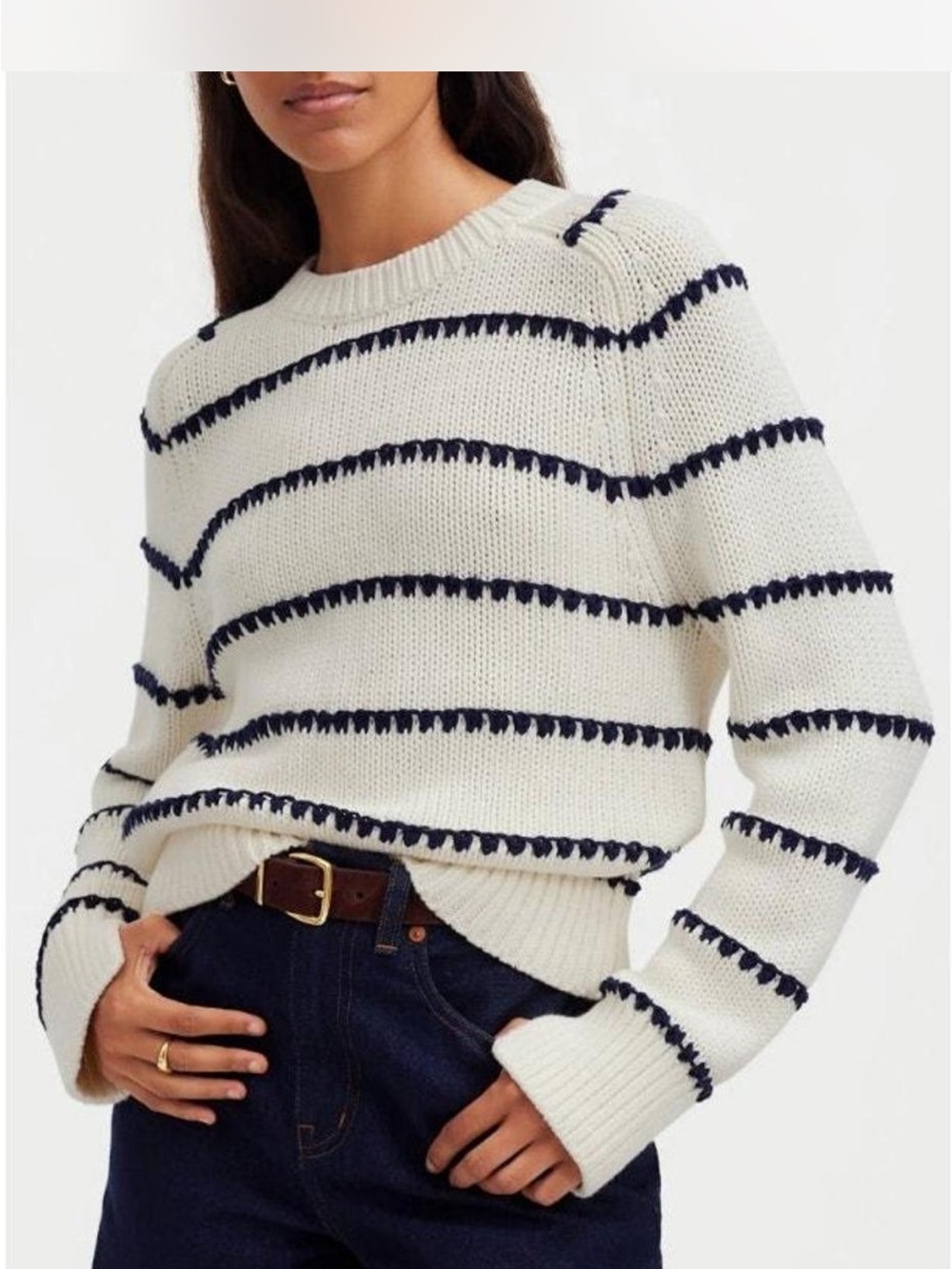 Cream and Navy Stripe Crewneck Sweater - Women